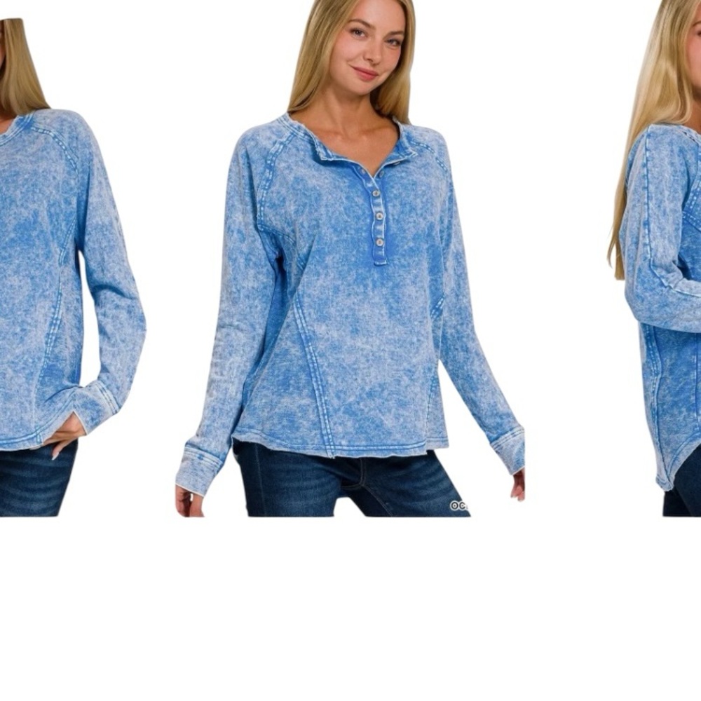 Zenana Henley Long Sleeve Top Blue Mineral-Wash French Terry - Picture 3 of 4